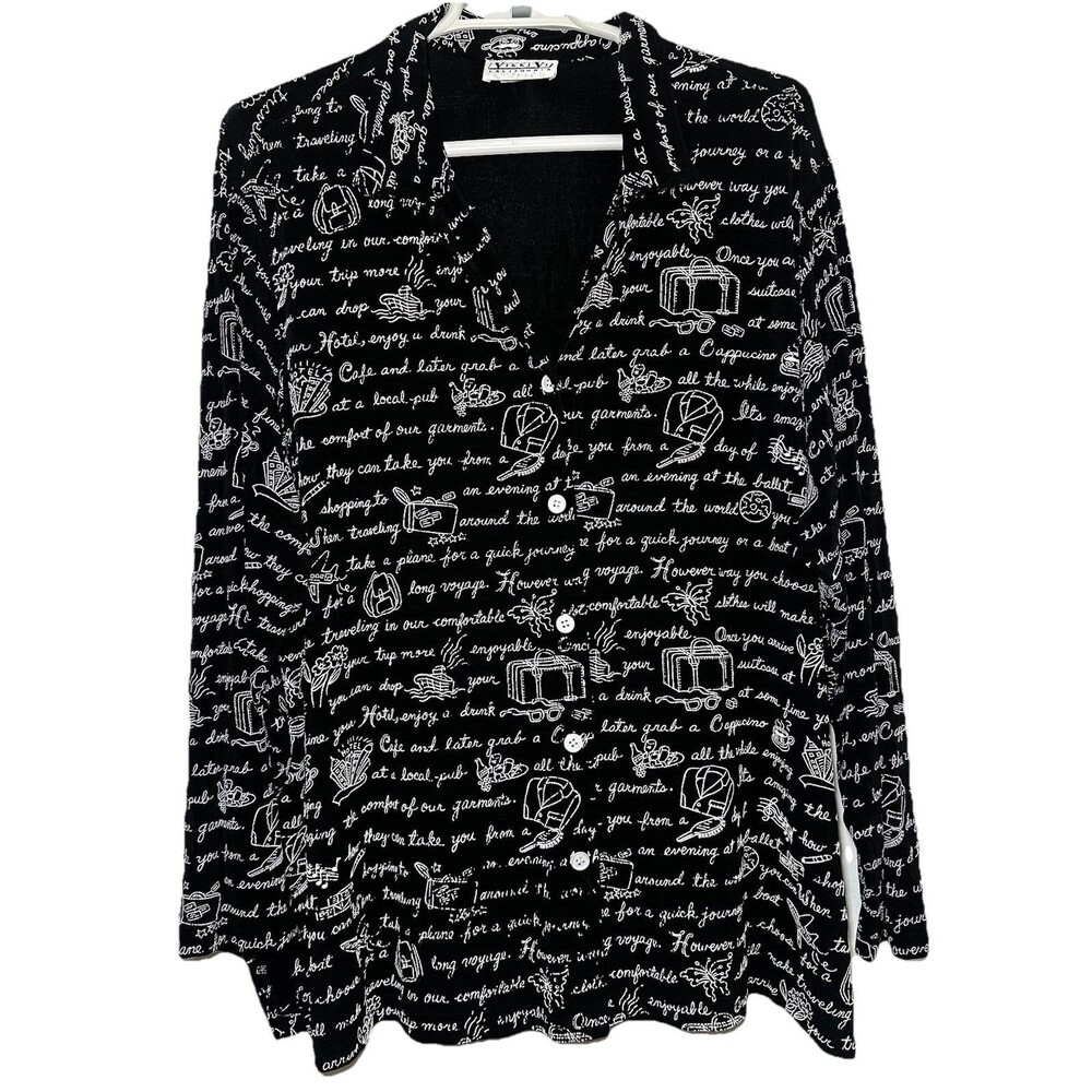 Vikki VI 4X Black White Travel Print Button Front Blouse Made USA